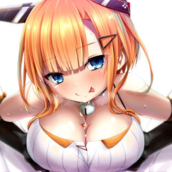 1boy 1girls :p azur_lane bangs bare_shoulders bell bell_collar black_gloves blue_eyes blunt_bangs blush breast_squeeze breasts cleavage collar collarbone cum dress elbow_gloves eyebrows_visible_through_hair female foxhound_(azur_lane) foxhound_(retrofit)_(azur_lane) gloves hair_ornament hairclip head_tilt headgear heavy_breathing large_breasts light-skinned_female light-skinned_male light_skin looking_at_viewer orange_hair paizuri paizuri_under_clothes penis precum retrofit_(azur_lane) royal_navy_(azur_lane) short_hair_with_long_locks sidelocks simple_background smile sweat sweatdrop tongue tongue_out upper_body watarui white_background