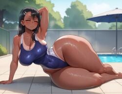 1girls ai_generated azure_(artist) closed_eyes hayase_nagatoro huge_ass huge_breasts one-piece_swimsuit please_don't_bully_me,_nagatoro pool school_uniform tagme tagme2 tan-skinned_female thick_thighs