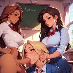 1futa 2girls ai_generated blowjob censored censored_penis cheating cheating_girlfriend classroom cucked_by_futa cuckold futa futa_on_female futanari interracial mosaic_censoring netorare ntr pasart school_uniform schoolgirl