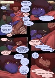 anthro asinus azathura balls big_balls big_penis bottomless bottomless_male clothed clothing comic cuddling dialogue donkey dragon duo ear_piercing english_text equid equine foreskin genitals hi_res hybrid male male/male mammal marcus_(azathura) miles_(azathura) mythological_creature mythological_scalie mythology penis piercing scalie shirt t-shirt text thick_penis topwear zebra