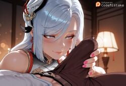 1boy ai_generated blurry_background codemistake erection female genshin_impact handjob handjob_through_clothing indoors lamp light_skin light_smile motion_lines nail_polish patreon patreon_logo patreon_reward patreon_url precum shenhe_(genshin_impact) sideways_glance white_hair