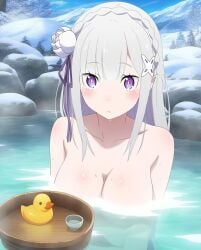 ai_generated breasts emilia_(re:zero) onsen purple_eyes re:zero_kara_hajimeru_isekai_seikatsu rubber_duck silver_hair white_hair