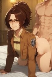 1male ai_generated attack_on_titan browm_hair brown_eyes brown_jacket glasses hanji_zoe light-skinned_femal light-skinned_male musashimango shingeki_no_kyojin yellow_shirt