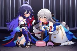 2girls ai_generated bondage bronya_rand cage caged collar collar_and_leash crawling honkai:_star_rail honkai_(series) leash leash_and_collar leashed_collar novelai pet pet_bowl pet_play petplay seele_(honkai:_star_rail) tiques