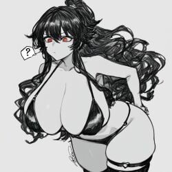 2024 bikini breasts confused fanart library_of_ruina project_moon question_mark sketch suggestive thick_thighs thighs xiao_(library_of_ruina)