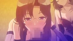 10s 1boy 2girls :>= animated blush brown_hair censored deepthroat eye_contact fellatio gif glasses looking_at_viewer looking_back multiple_girls murakami_teruaki naughty_face no_gag_reflex oral penis pov purple_eyes ryuudouji_shimon_no_inbou ryuuzaki_sayaka ryuuzaki_suzuka sisters sucking thighhighs throat_fuck watching