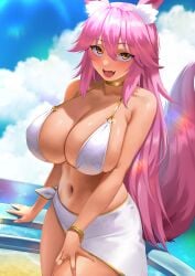 1girls bikini breasts cleavage fate/grand_order fate_(series) female fox_ears fox_girl huge_breasts kisaragi_tsurugi kitsune koyanskaya_(fate) light-skinned_female light_skin long_hair outdoors pink_hair tail thick_thighs wide_hips yellow_eyes