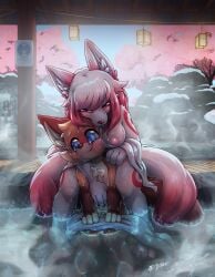 anthro big_breasts bodily_fluids breasts canid canine cherry_blossom dominant dominant_female female flower flustered fox freckles gingy_(gingy_k_fox) gingy_k_fox grope head_between_breasts hi_res hot_spring male mammal markings multi_tail onsen outside plant prunus_(flower) public size_difference steam sweat tail towel water wet