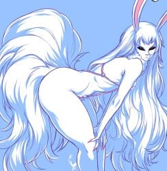 1girls absurd_res ass bent_over black_sclera blue_background carrot_(one_piece) female female_only furry_tail long_hair looking_at_viewer one_piece rabbit_ears red_eyes sharp_fingernails side_view sling_bikini slingshot_bikini solo sulong_carrot tail thick_ass thick_thighs turtlechan very_high_resolution white_hair