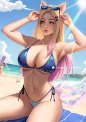 2girls ahri beach big_ass big_breasts bikini blonde_hair color evelynn eyewear_on_head female female_only geravass kneeling large_breasts league_of_legends pinup sfw solo sunglasses swimsuit thick_thighs thighs towel