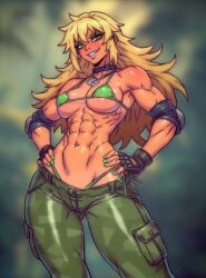 csaurageul tagme original blonde_hair long_hair blue_eyes smile blush choker abs muscular muscular_female bikini_top dog_tags panties breasts slim_waist wide_hips thick_thighs voluptuous navel pants camo camo_print gloves hands_on_hips tight_clothing