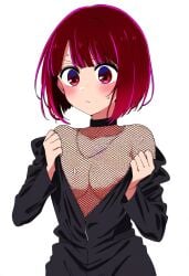 ai_assisted ai_generated areola_slip arima_kana blush bodysuit breasts choker closed_mouth fishnet_bodysuit fishnets jei_games long_sleeves medium_breasts no_bra oshi_no_ko red_eyes red_hair short_hair sweat sweatdrop sweatshirt undressing unzipped