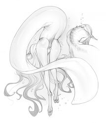 anthro anus ass claws female hair liche line_art long_hair monochrome monster monster_girl_(genre) pointy_ears pussy simple_background spine thick_thighs water white_background