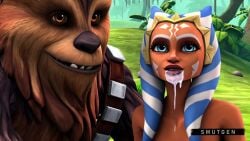 ahsoka_tano ai_generated alien_girl chewbacca clone_wars cum cum_dripping_down_chin cum_in_mouth dripping_cum implied_fellatio implied_nudity implied_oral implied_sex interspecies interspecies_sex jedi jedi_padawan jungle kashyyyk on_model oral oral_sex orange_skin post_oral smutgen star_wars togruta wookiee