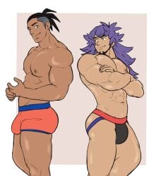 abs bara biceps big_bulge boxers bulge flaccid gay hoybarartist jockstrap leon_(pokemon) male male/male male_nipples male_only manly muscular_male nintendo nipples pecs penis_outline pokemon pokemon_ss raihan_(pokemon) underwear