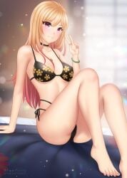 1girls bikini blonde_hair clothing feet female female_focus female_only foot_fetish gigamessy gyaru kitagawa_marin long_hair peace_sign pink_eyes revealing_clothes sitting sitting_on_bed smile solo solo_female sono_bisque_doll_wa_koi_wo_suru toes