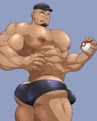 1boy abs ass ass_focus back back_muscles bara big_ass big_muscles big_nipples big_pecs boobs_and_butt_pose bulge chest_hair cliff_(pokemon) daddy dilf erect_nipples erection facial_markings gay hair hairy hairy_male hat huge_muscles huge_nipples huge_pecs human hunk leg_hair maldu male male_only muscular muscular_human muscular_male pecs pokemon solo sweat team_rocket topless_male underwear underwear_only