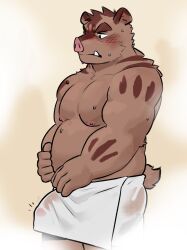 2024 anthro belly blush bulge hermann_(knights_college) hi_res kemono knights_college male mammal moobs musclegut muscular nipples pteragon slightly_chubby solo steam suid suina sus_(pig) towel wild_boar