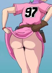 ass ass_focus blue_hair bulma_briefs butt dragon_ball dragon_ball_(classic) edit gun_holster nice_ass no_panties nude_underneath round_ass skirt skirt_lift skirt_up teenage_bulma utility_belt watch