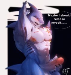 abs anthro claws dialogue erection fin finger_claws fish genitals hi_res holding_penis icecreamtiger male marine muscular muscular_anthro muscular_male nipple_piercing nipples pecs penis piercing scar shark solo teeth