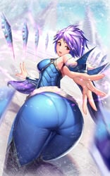 1girls ass bare_shoulders bent_over bodysuit breasts female female_only frostblade_irelia gauntlets hips ice irelia_xan league_of_legends leg_lift looking_at_viewer looking_back moonandmist outstretched_hand pantylines purple_hair red_eyes short_hair skin_tight snow snowdown_series solo thick_thighs thighs wide_hips winter_wonderland_series