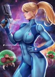 big_ass big_breasts blonde_hair female female_only geravass gun metroid nintendo samus_aran thick_thighs tight_clothing zero_suit zero_suit_samus