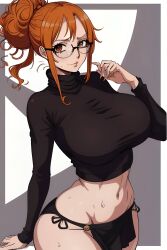 ai_generated back_view bangs big_breasts big_butt big_hips bikini_bottom brown_eyes female female_only ginger ginger_hair glasses hair_bun messy_bun nami nami_(one_piece) one_piece slutty_outfit sweater thong thong_bikini tight_sweater turtleneck turtleneck_sweater zarazin