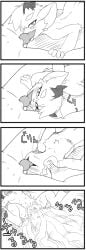 4koma balls black_and_white bruha comic fellatio female female_penetrated flat_chested genitals hi_res horn humor imp kalapean knot knotted_penis lagomorph male male/female mammal monochrome oral oral_penetration panicking penetration penile penis penis_in_mouth sex spinning_on_penis vulapa vulapa_y_taljeek