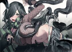 aochoku aria_wintermint black_hair fishnets panties_down restrained skirt_pull tentacle tentacle