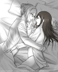 2girls bed blush closed_mouth couple eye_contact female female_only from_above glasses gumbat hair_bun hand_on_another's_face hand_up highres hug human human_only in_bed kurihara_mari_(prison_school) lips long_hair long_sleeves looking_at_another lying monochrome multiple_females multiple_girls mutual_yuri on_bed on_side open_shirt panties parted_lips pillow prison_school romantic shiraki_meiko shirt short_hair smile under_covers yuri