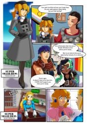 blonde_hair breath_of_the_wild comic coming_out dialogue dress femboy fieryjinx inkling link link_(breath_of_the_wild) nintendo pink_lipstick princess_peach_(cosplay) princess_zelda speech_bubble splatoon super_smash_bros. sylvand the_legend_of_zelda wholesome zelda_(breath_of_the_wild)