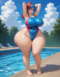 addbd ai_generated armpits arms_behind_head ass_visible_through_thighs barefoot blue_eyes blue_hair blush cameltoe competition_swimsuit full_body gigantic_ass gigantic_breasts glasses heterochromia multicolored_hair nipple_bulge ponytail red_eyes red_hair stable_diffusion standing swimming_pool thick_thighs wide_hips worried