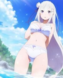 ai_generated emilia_(re:zero) lingerie purple_eyes re:zero_kara_hajimeru_isekai_seikatsu river silver_hair tagme white_hair