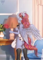 2018 5_fingers anthro areola ass breasts chair clothed clothing curtains equine erect_nipples exposed_breasts eyelashes fan_character feather_duster feathered_wings feathers female flower green_eyes grey_feathers hair holding_object inside lamp legwear long_hair looking_at_viewer looking_back maid_uniform mammal margony multicolored_hair my_little_pony nipples partially_clothed pegasus pink_hair plant portrait potted_plant pussy rear_view shadow smile solo standing stockings table thigh_highs three-quarter_portrait uniform wings