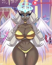 1milf angel angel_girl angel_wings aureola background bare_arms bare_legs bare_shoulders bare_thighs big_ass big_breasts big_thighs bikini bikini_bottom bikini_top black_eyes black_lipstick blue_eyes blue_eyeshadow blue_sclera charlie_morningstar_(hazbin_hotel) color dark-skinned_female deviantart_link gold_bikini gold_bra gold_clothing gold_panties golden_bikini golden_bra golden_panties grey_body halo hazbin_hotel hi_res hourglass_figure huge_breasts looking_at_viewer milf patreon patreon_logo patreon_username raydonxd sera_(hazbin_hotel) tagme thick_thighs twitter_link vaggie_(hazbin_hotel) white_blush white_hair wide_hips