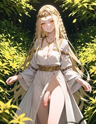 ai_generated braids circlet elden_ring esendor femboy flaccid_penis futanari gold_eyes gold_jewelry looking_at_viewer miquella naughty_face penis small_breasts solo stable_diffusion testicles trap very_long_hair white_robe