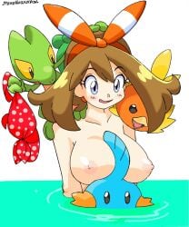 1girls between_breasts big_breasts bird blue_eyes blush blush_lines blush_stickers bra bra_removed breasts brown_hair collarbone female game_freak hair_ornament hairband head_grab holding_bra holding_object huge_breasts human in_water javierneo7u7 large_breasts light-skinned_female light_skin long_hair may_(pokemon) may_(pokemon_oras) mudkip nintendo nude nude_female partially_submerged pink_nipples pokemon pokemon_(species) pokemon_oras red_bra simple_background solid_color_background stripped torchic treecko water white_background