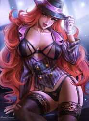 aroma_sensei big_breasts bra breasts cleavage crime_city_miss_fortune debonair_series female female_only garter_belt gloves large_breasts league_of_legends lingerie looking_at_viewer miss_fortune panties pinstripe_pattern pinstripe_suit red_hair redhead solo stockings thighhighs thong very_long_hair white_gloves