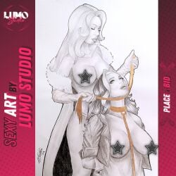 2girls anna_marie breasts_out censored censored_nipples dominant_female emma_frost large_breasts lu_cardoso lumo_studio marvel marvel_comics rogue_(x-men) rope_bondage submissive_female topless topless_female traditional_media_(artwork) white_queen x-men