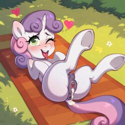 ai_generated anus blush cum equid equine friendship_is_magic hasbro hooves horn mammal my_little_pony pink_hair purple_hair pussy sweetie_belle_(mlp) unicorn white_body white_fur