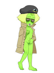 1girls beret breast_grab breasts female female_only fingering gnome-no green_skin kazuhira_miller masturbation metal_gear_solid nipples open_clothes peridot_(steven_universe) pussy pussy_juice solo steven_universe sweat trenchcoat