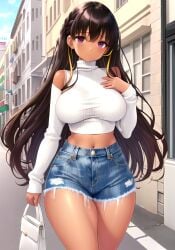 ai_generated bangs big_breasts big_butt big_hips big_thighs brown_hair crop_sweater cropped_sweater denim_bottomwear denim_shorts fat_thighs female_only gyaru huge_breasts huge_hips long_hair multicolored_hair purple_eyes slutty_outfit straight_hair street sweater tan_body tanned_female tanned_girl tight_sweater turtleneck turtleneck_sweater zarazin