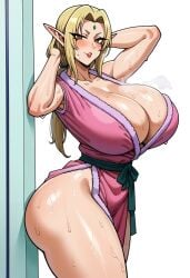 ai_generated bath_robe crossover elf hourglass_figure huge_breasts long_hair naruto shower_room sweat thick_thighs tsunade