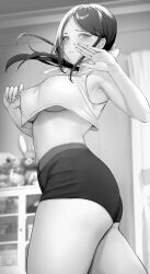 booty_shorts gentsuki greyscale looking_at_viewer underboob