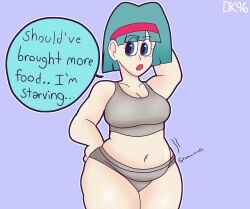 belly belly_button bulma_briefs bulma_briefs_(frieza_saga) daisykitty96 dialogue dragon_ball dragon_ball_z slightly_chubby slightly_chubby_female speech_bubble