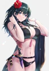 3h_aria absurdres bikini black_bikini blue_eyes blue_hair breasts byleth_(female)_(fire_emblem) byleth_(female)_(summer)_(fire_emblem) byleth_(fire_emblem) byleth_(fire_emblem)_(female) cape cleavage dagger female fire_emblem fire_emblem:_three_houses fire_emblem_heroes flower hair_flower hair_ornament highres knife large_breasts looking_at_viewer medium_hair navel nintendo official_alternate_costume parted_lips red_flower simple_background solo sweat swimsuit weapon wide_hips