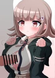 1boy bar_censor black_jacket blush breasts breasts_squeezed_together brown_hair censored collared_shirt cum cum_on_body cum_on_breasts danganronpa danganronpa_(series) danganronpa_2:_goodbye_despair female flipped_hair frown galaga hair_ornament highres hood hood_down hooded_jacket jacket kei_fukamiki large_breasts long_hair long_sleeves medium_hair nanami_chiaki neck_ribbon nipples open_clothes open_jacket paizuri penis perpendicular_paizuri pink_eyes pink_ribbon ribbon shirt solo_focus straight veins veiny_penis white_background white_shirt