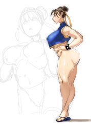 1girls bracelet capcom chun-li crop_top feet female female_only flip_flops hands_on_hips mature_female milf nekiaya0 no_panties sandals side_view street_fighter sweat sweaty_body thick_thighs