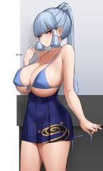 1girls beauty_mark blue_eyes blue_hair blush breasts embarrassed female genshin_impact hard_nipples kamisato_ayaka large_breasts looking_at_viewer partially_clothed pulling_panties skirt smile smiling smiling_at_viewer sole_female string_panties sukusan tagme underwear