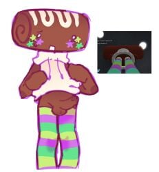 1boy cosmo_(dandy's_world) dandy's_world femboy jacket_lift lifting_clothing neon penis reference_image roblox roblox_game shocked showing_penis socks socks_on stars_on_cheeks tagme thigh_high_socks